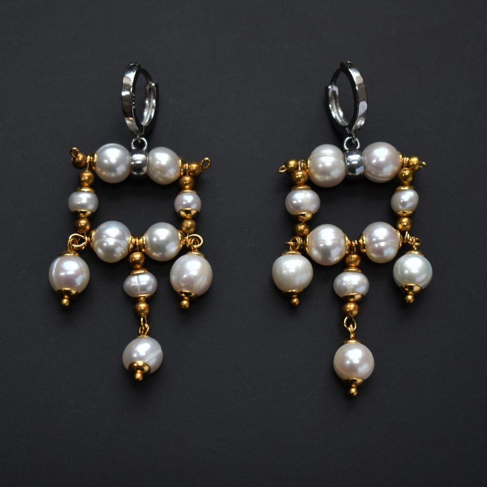 Massive chandelier earrings, chunky real pearl dangle earrings